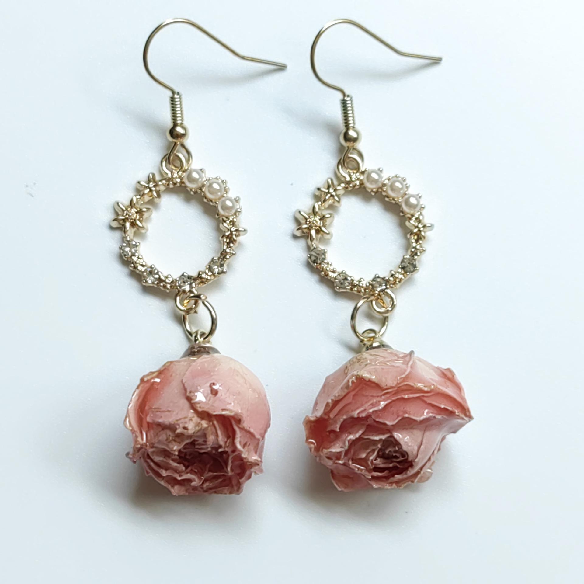 Vintage Rose Dangle Earrings with Preserved Flower Accents