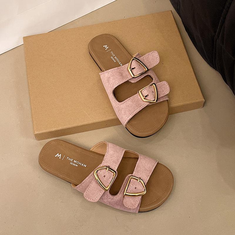 Internet celebrity flat bottom one-word shoes women's summer new flat heel soft sole casual outer wear buckle lazy versatile cool slippers