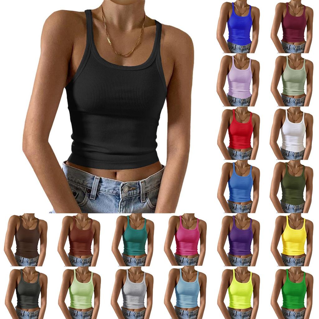 Women's Fashion Casual T-shirt Round Neck Vest Slim Bottom Solid Color Tops