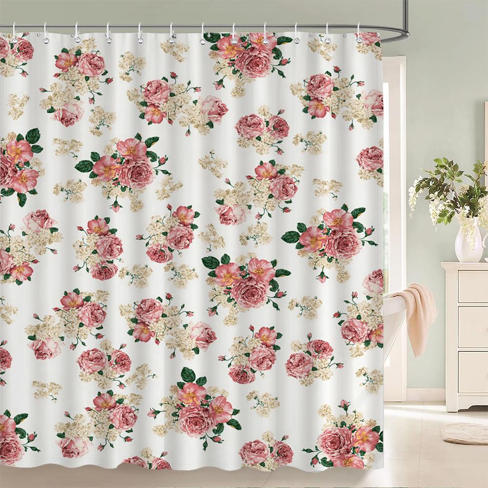 1 Pack of Watercolor Flower Plant Pattern Polyester Shower Curtain Bathroom Partition Curtain with Hooks Home Decorative Curtain