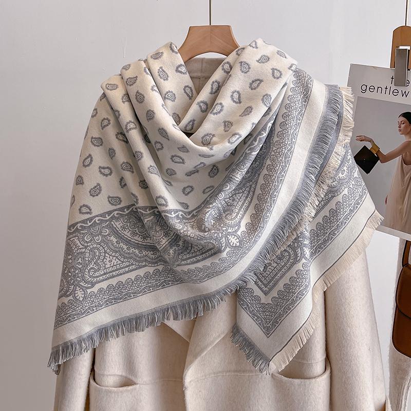Women'S Luxury Winter Cashmere Scarf - Tasseled Damask Printed Pashmina Shawl, Warm Wrap & Foulard Poncho
