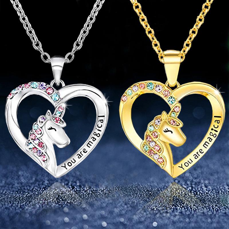 Colorful Heart-Shaped Unicorn Necklace & Earring Set for Kids