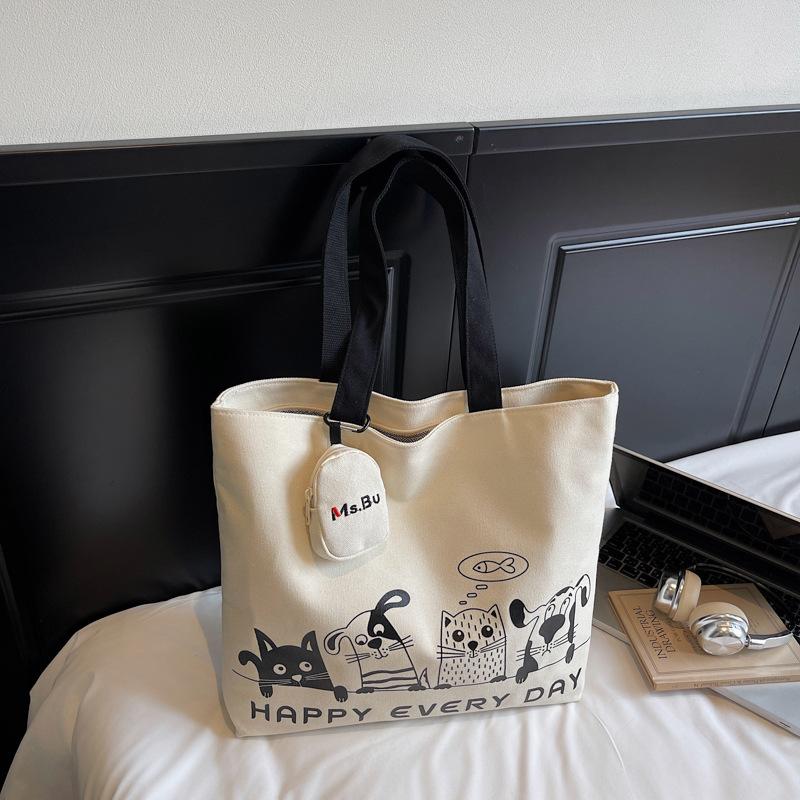 Casual Large Capacity Canvas Bag Women's 2025 Autumn New Light Commuter Shoulder Bag Graffiti Handbag Tote Bag