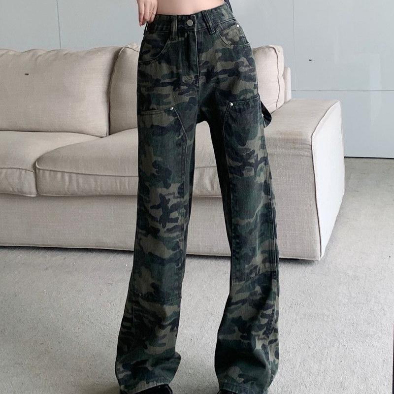 2022 Autumn Fashion Straight Baggy Pants Casual Trousers High Street Camouflage Jeans Woman High Waist Cargo Pants Straight Jean