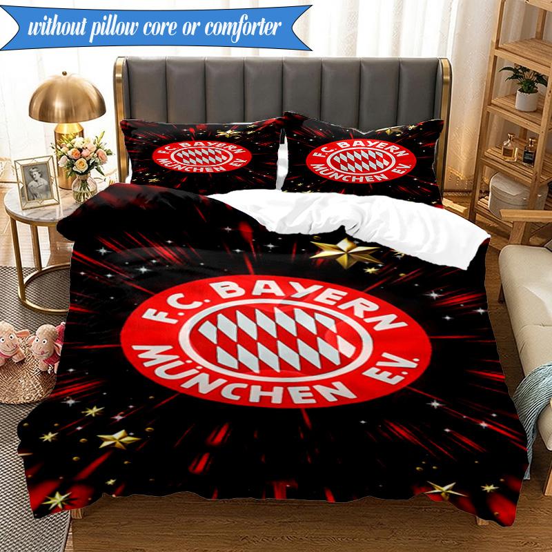 Zestaw pościeli miękkiej z nadrukiem FC Bayern München, 3 sztuki, w tym 1 poszewka na kołdrę i 2 poszewki na poduszki, idealny do sypialni, akademika, prezent dla fana