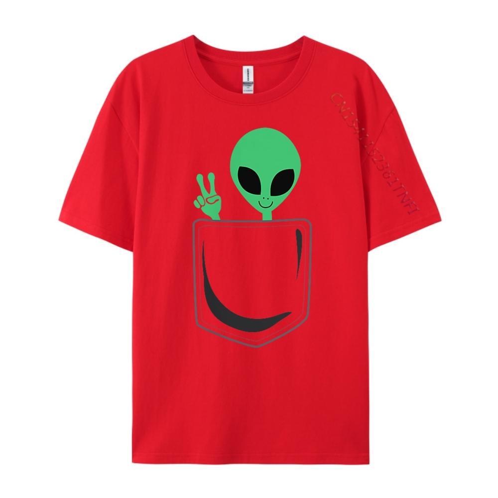 Hubcute Little Alien In Pocket Peace Sign Universe Ufo Red And Black Graphic T Shirt Funny T Shirts Group S