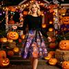 Women Crew Neck Halloween Print Dress Long Sleeve Casual Style and Patterned Midi Dress with Ribbon Waist Tie