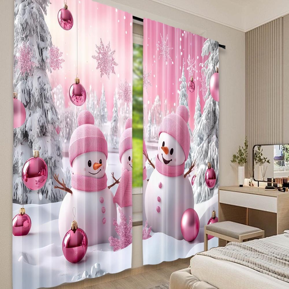 Set Of 2 Flat Printing Christmas Hot Party Curtains Pink Frosty Friends Digital Printed Polyester Drapes Decorations Use Made