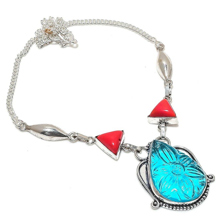 Blue Topaz Carving, Coral Gemstone 925 Sterling Silver Jewelry Necklace 18"