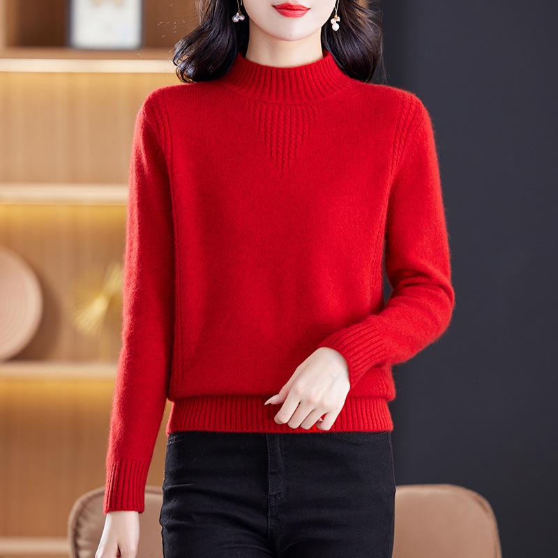Women's 100% Wool Thick Knit Half-High Collar Winter Sweater for Middle-Aged and Elderly