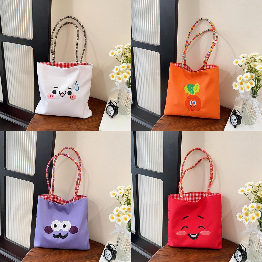 Canvas Bag For Women With Cartoon Embroidery Small Handheld Purse For Daily Use