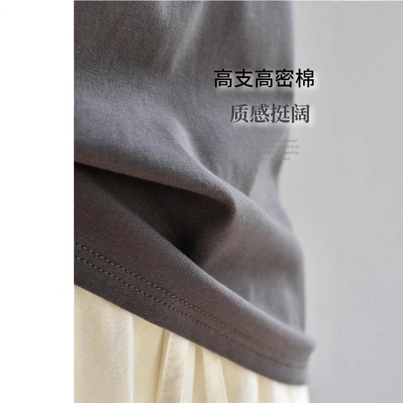 [Thick cotton T-shirt] Two long women's 26 summer new front shoulder white heavy cotton round neck short-sleeved T-shirt