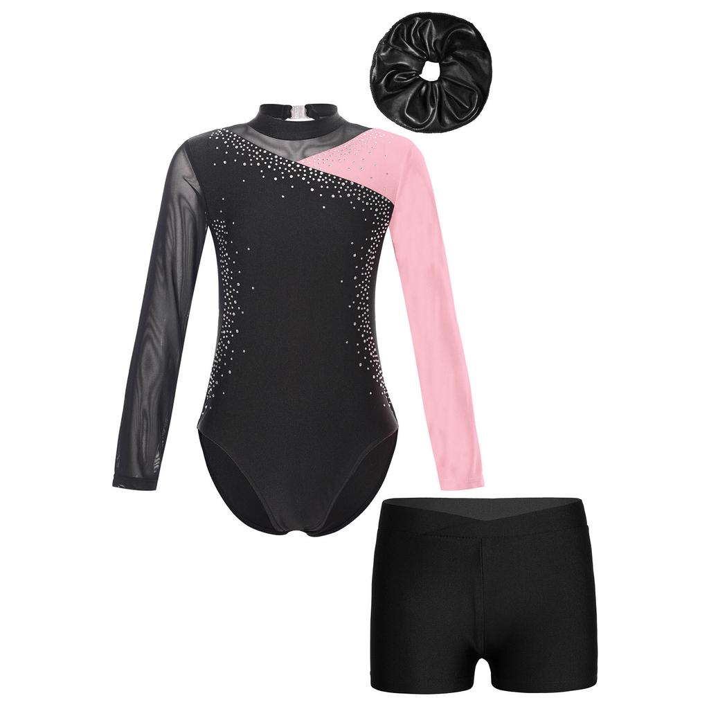 Kids Girls Gymnastic Performance Outfit Shiny Rhinestone Color Block Patchwork Long Sleeve Leotard with Shorts Hair Band