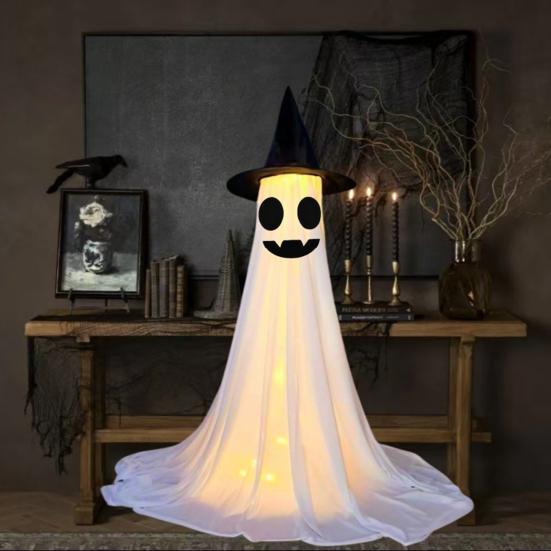 Halloween Ghost Decoration with LED Light Large White Scary Light Up Ghost with Witch Hat for Outdoor Front Porch Yard Garden Lawn Home Decor