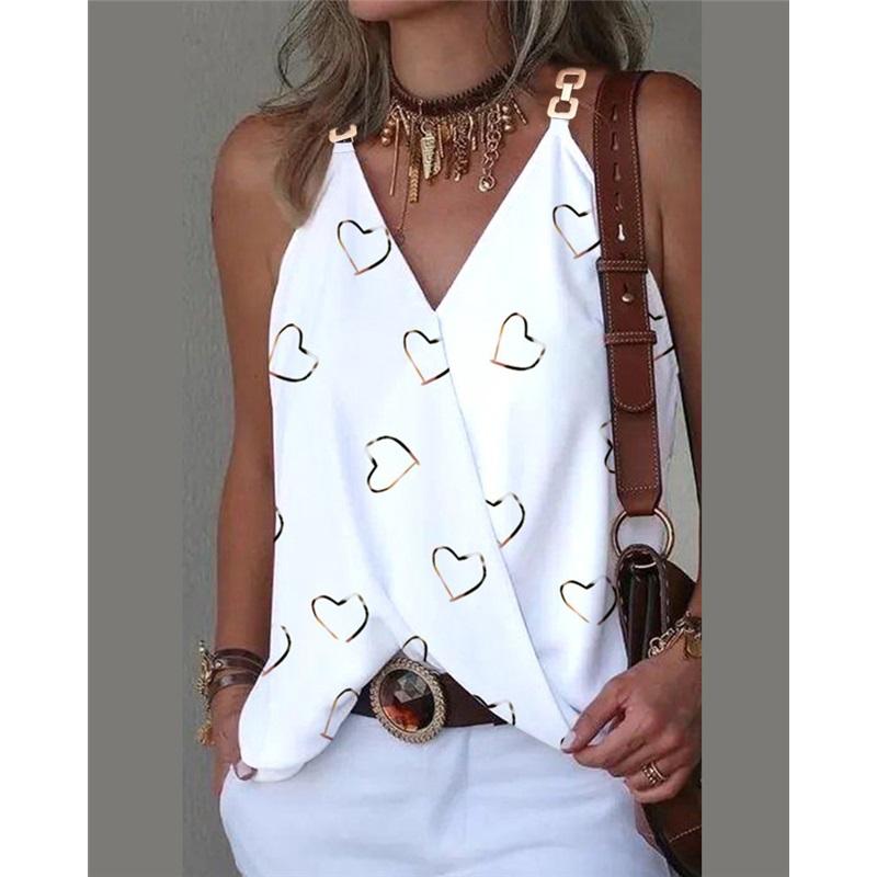 Simple V-neck Metal Buckle Printed Vest Top Women