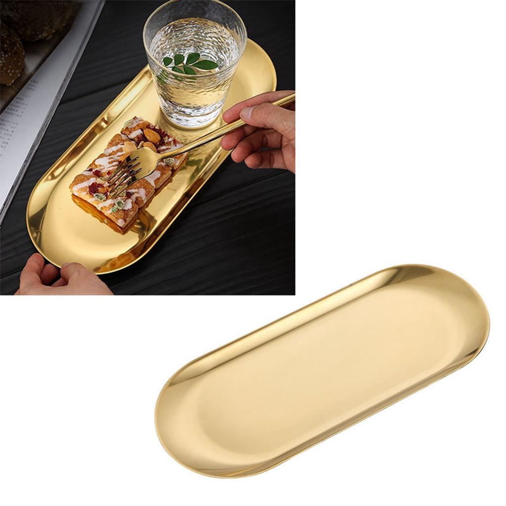 Stainless Steel Oval Tray Prevent Slip Flat Bottom Thickened Decorative Gold Storage Tray for