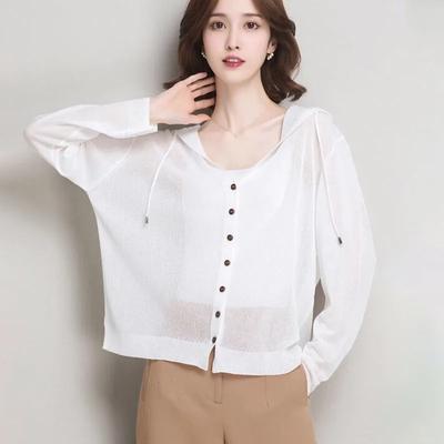 Women's Hooded Ice Silk Sweater Korean Style Drawstring Single-Breasted Knitted Cardigan Woman Summer Thin Sunscreen Jacket