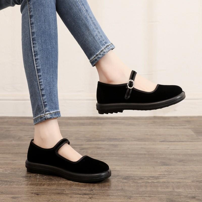 Stoffschuhe Damen weiche Sohle bequem Samt schwarz Ein-Wort-Schnalle Hotel Kellner Putztuchschuhe