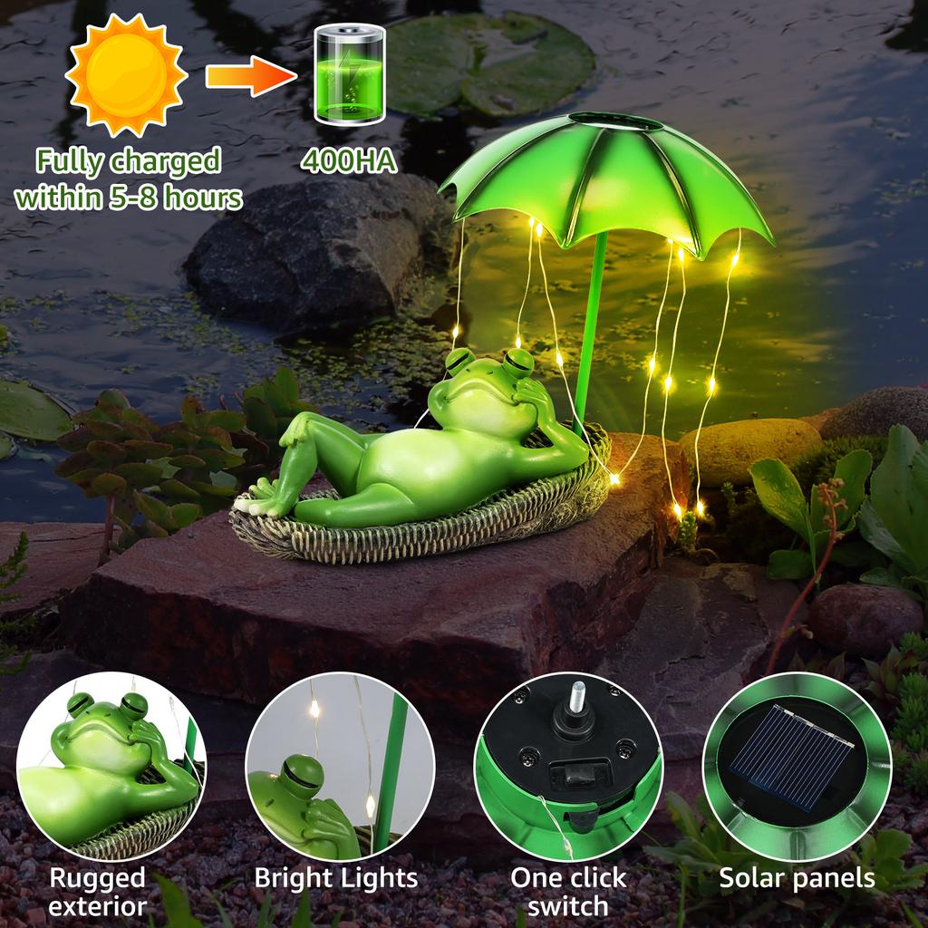Solar LED Lights Statues Garden Decor Frog Umbrella Waterproof Resin Sculpture Cute Funny Creative