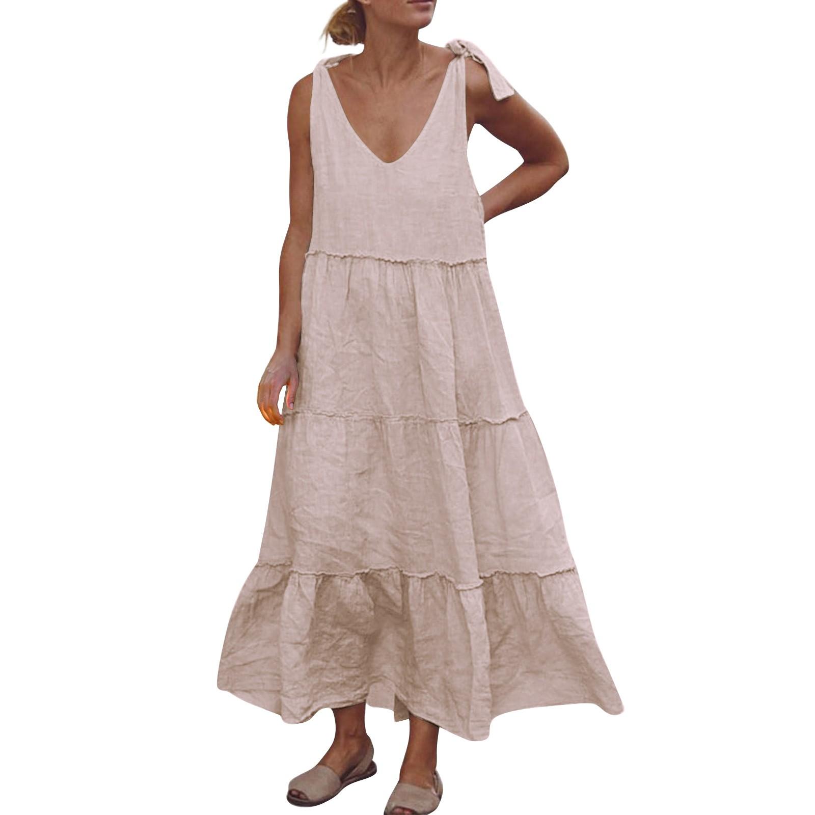 Women s Cotton And Linen Dress Women Sexy Tie Shoulder Cami Dress Casual Loose Sleeveless Ruched Flowy Dress S бежевый