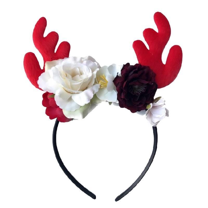 Festive Red Velvet Reindeer Antlers Headband With Floral Design For Girls