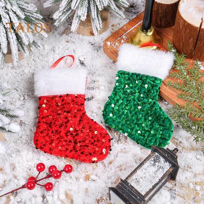 Weihnachtsstrumpf, Mini-Geschenktüte mit Pailletten und weißem Plüschrand, zum Aufhängen an Weihnachtsbaum, Süßigkeiten, Snacks, Socken, Geschenktüte, Heimdekoration