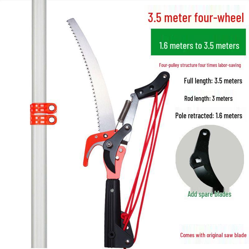 Aluminum Alloy Telescopic Pole and Pruner with High Branch Saw for Tree Pruning.