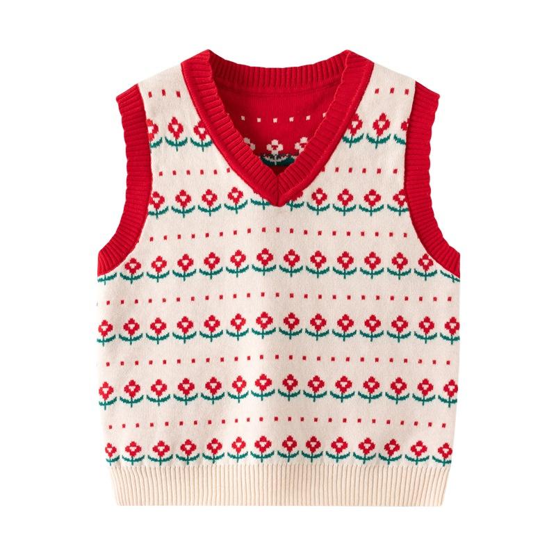 3-7T Autumn Spring Boys Girls Sweaters Flowers Sleeveless Kids Clothing  Pullover Baby Costume 3T