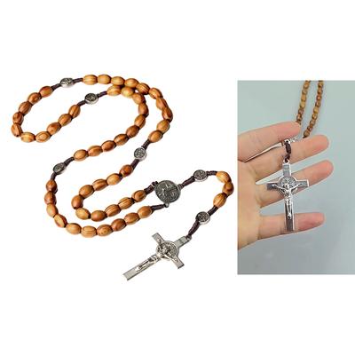 Handcrafts Wood Beads Crosses Pendant Rosary Necklace for Religious Christians Prayer Worship Spiritual Jewelry Neckwear