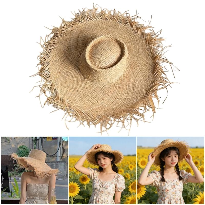 Elegant Raffia Sun Hat With Adjustable Size Breathable Weaving Straw Hat For Beach Vacation Outdoor Activity Travel Gear