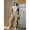 Pantalon Cargo Kaki Taille Haute pour Femme avec Cordon de Serrage et Multiples Poches