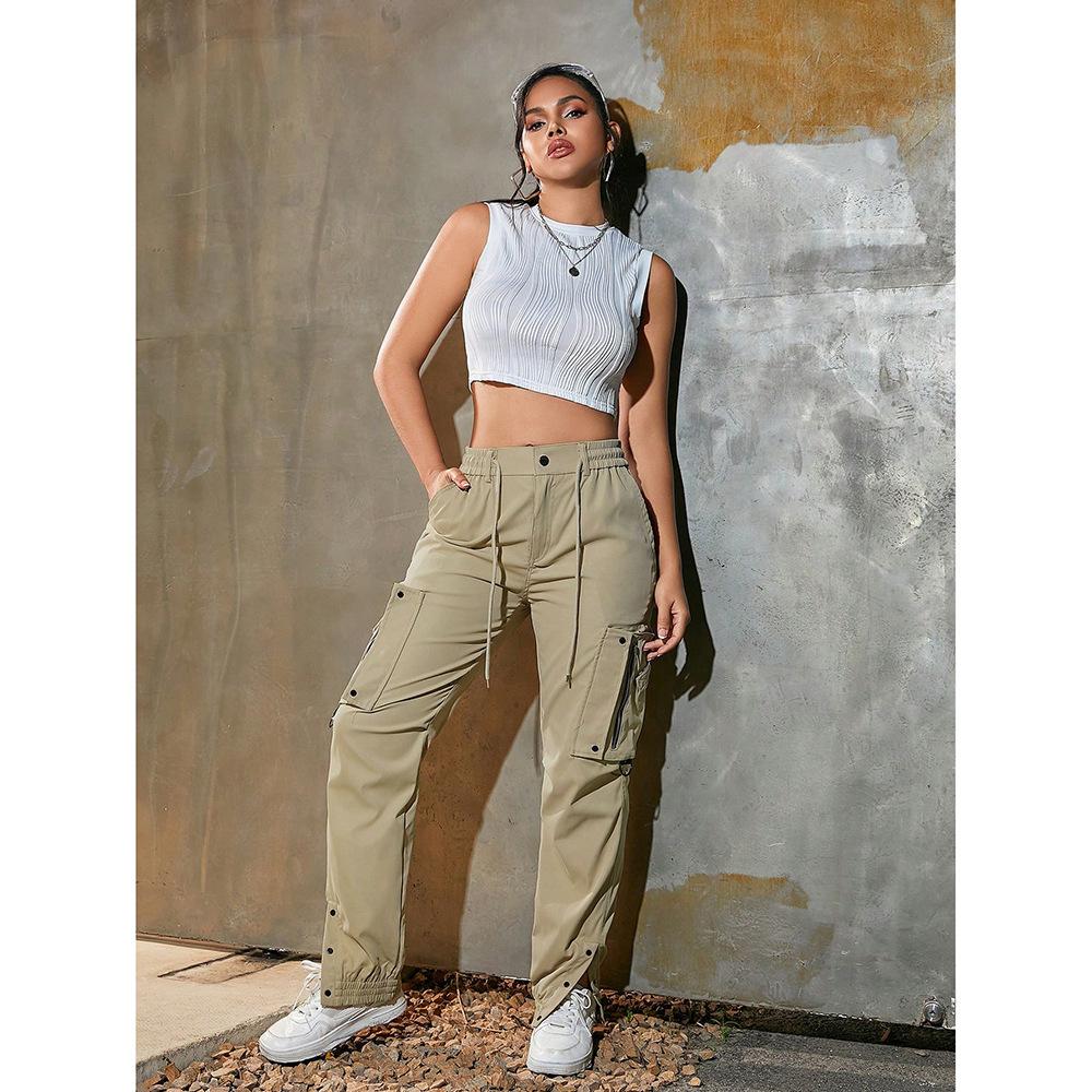 Pantalon Cargo Kaki Taille Haute pour Femme avec Cordon de Serrage et Multiples Poches