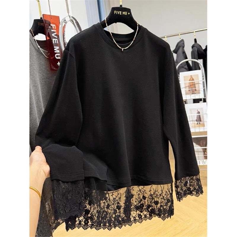 Lace Patchwork Fleece Sweatshirt Casual Loose Long Sleeve Top