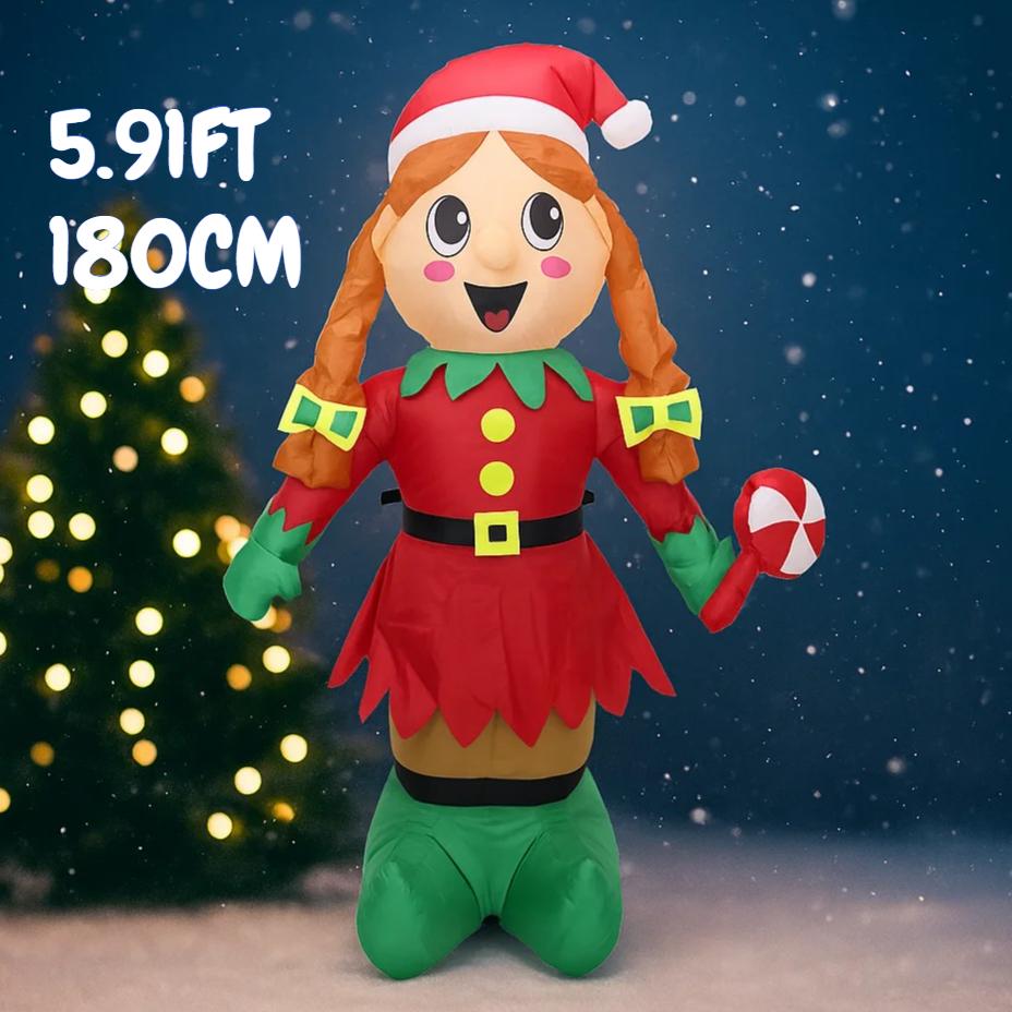 5.91FT Giant Inflatable Toy Christmas Elf with LED Lights Festive Gifts Xmas Decorations for Yard Supplies Home Ornaments