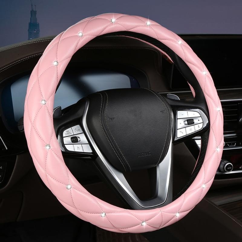 Leather Steering Wheel Cover Featurings Sparkling Rhinestones Studs for Enhanced Driving Comfort and Antislip