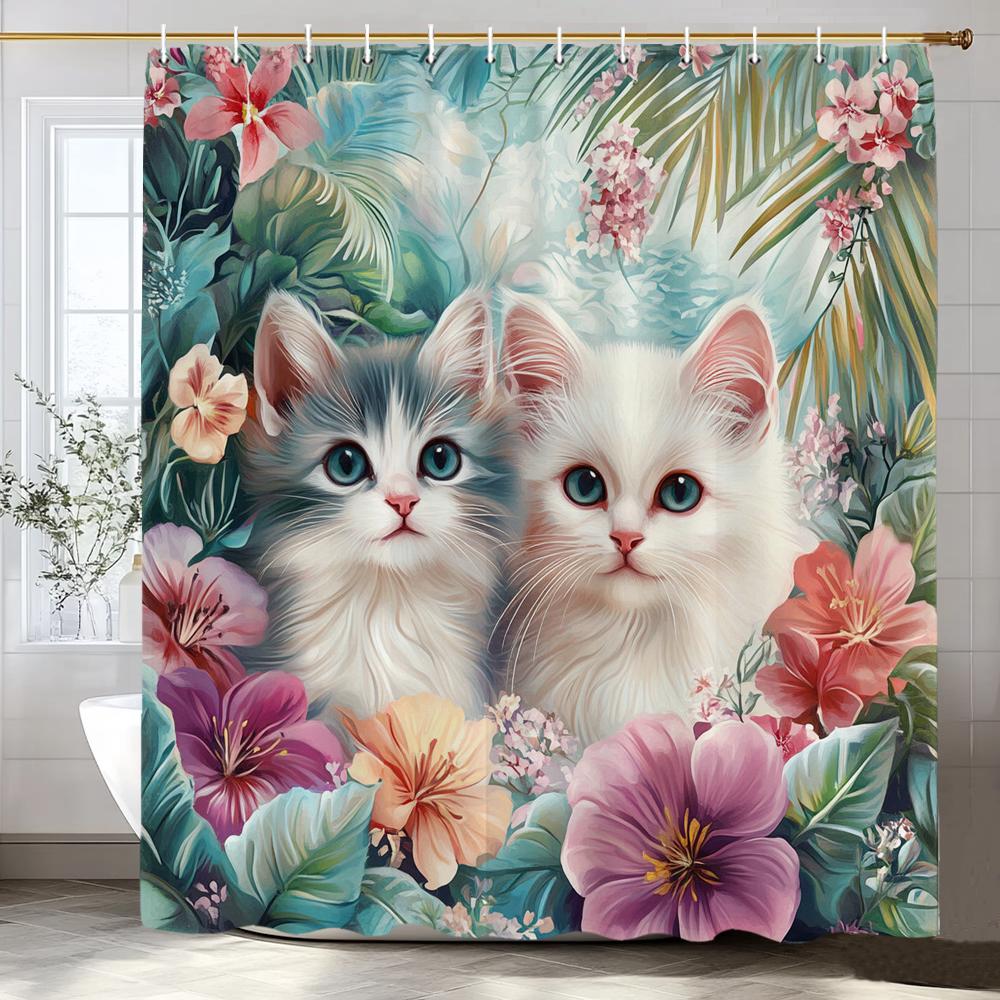 Cute Cats and dogs in the garden Shower Curtain, Bathroom Decorative Shower Curtain, Waterproof Shower Curtain with Hooks