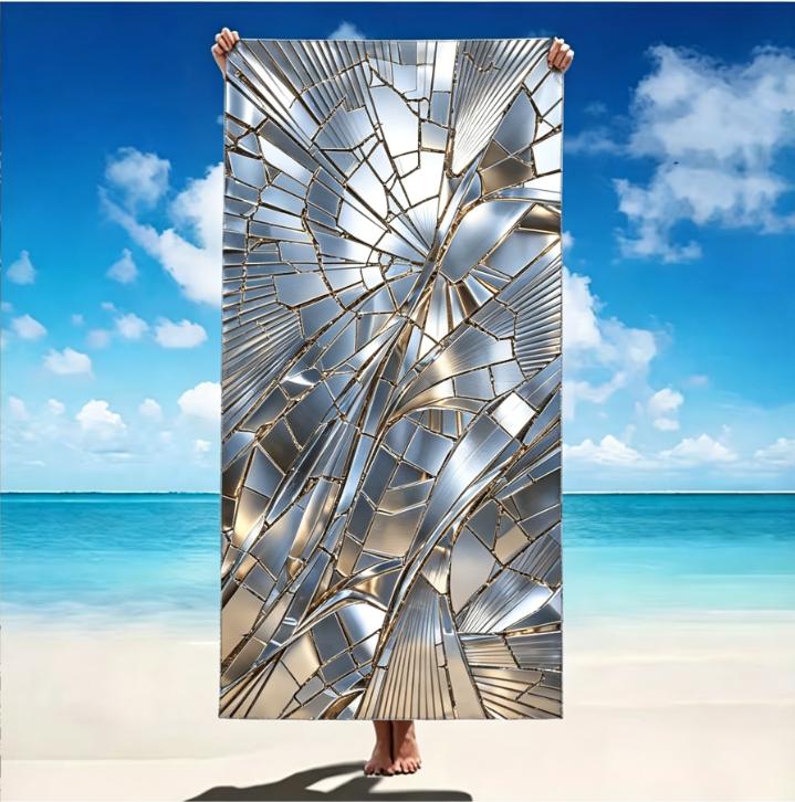 Large Microfiber Beach Towel, Black Silver Abstract Fan Leaf Print, Sand Free & Quick Dry, for Modern Summer Use