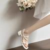 Soft leather version~ brown with Roman sandals 2025 summer new thick heel retro style with skirt beautiful toe sandals