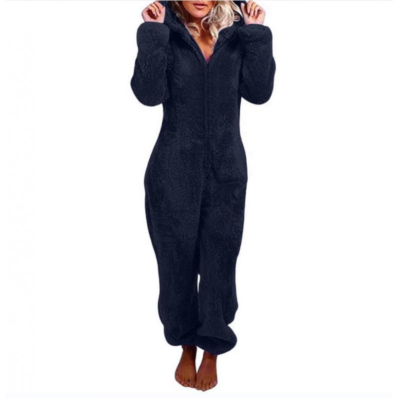 2024 Trendy EU & US Fall/Winter Fleece-Lined Thick Hooded Jumpsuit Pajamas for Women