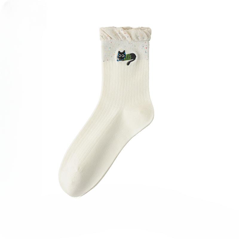 Female Autumn and Winter Cartoon Cat Embroidery Idea Yarn Bubble Mouth Lace Mid Tube Socks