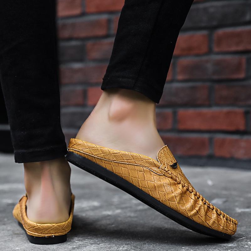 Half Shoes for Men Loafers Slippers PU Leather Man Slides Breathable Mules Closed Toe Sandals Outdoor Lightweight Slip On Flats
