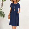 Damekjole Rund hals Kort erme Knelengde Ensfarget Kjole med Lommer Løs passform Sommerkjole