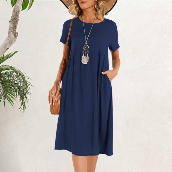 Dámské šaty Kulatý výstřih Krátký rukáv Ke kolenům Jednobarevné šaty s kapsami Volný střih Letní šaty