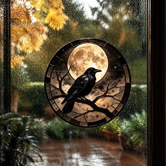 Decorative Window Privacy Film Halloween Raven Moon Static Glass Sticker, Removable Decals, Vintage Dark Retro Crow Decals PVC Waterproof Cling
