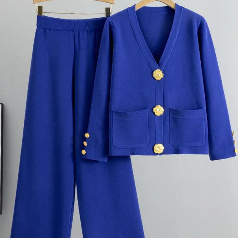 

Элегантные вязаные свитера, комплекты из 2 предметов, женские свободные кардиганы на одной пуговице, топы, комплекты, брюки до щиколотки с высокой талией, спортивный костюм One size