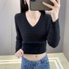 Fleece and Thickened Sweater Women's One-piece Fleece Top Women's Autumn and Winter V-neck Pullover Striped Long-sleeved Slim and Warm Knitted Sweater