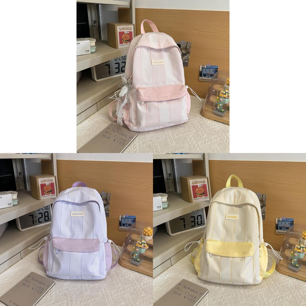 Zaino Studentesco in Nylon con Fantasia a Quadri e Spallacci Curvi per Viaggi Casual