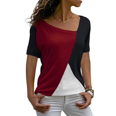 Summer Women Fashion Color-stitching Print T-shirt Loose Plus Size Top
