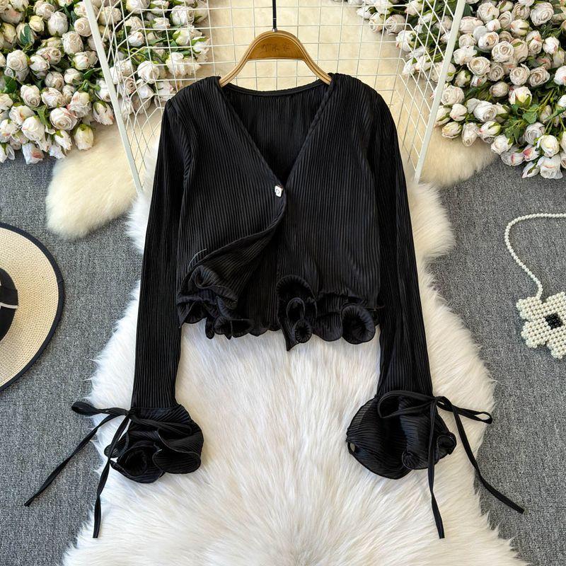 French Style Ruffles V Neck Ruched Three-Dimensional Decoration High Waist Type Shirt Tops 2025 Fall and Winter New Arrival Scheming Women's Clothing