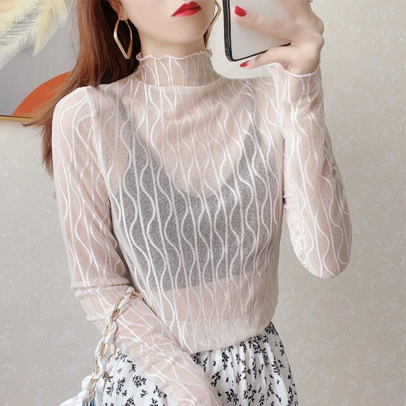 Women's Sheer Lace Long Sleeve Top with Half High Neck